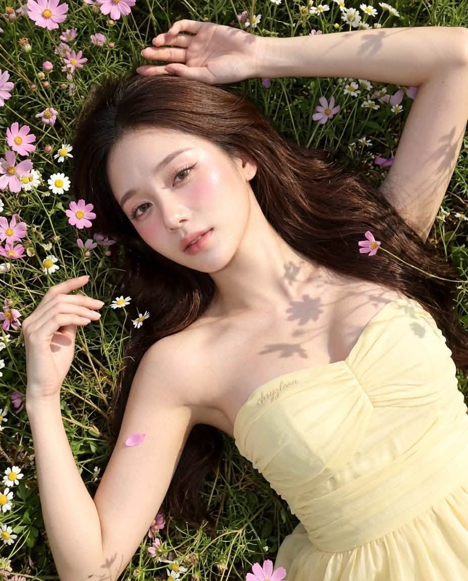 Tạo Ảnh Cô Gái Nằm Giữa Vườn Hoa – Nàng Thơ Hoa Cúc - Ảnh mẫu tham khảo
