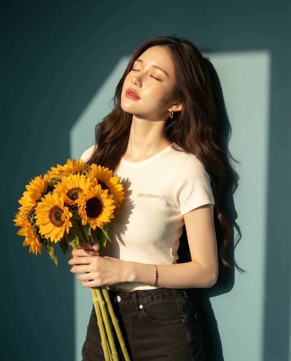 Tạo Ảnh Cô Gái Cầm Hoa Hướng Dương – Chân Dung Nghệ Thuật Ánh Nắng Vintage - Ảnh mẫu tham khảo