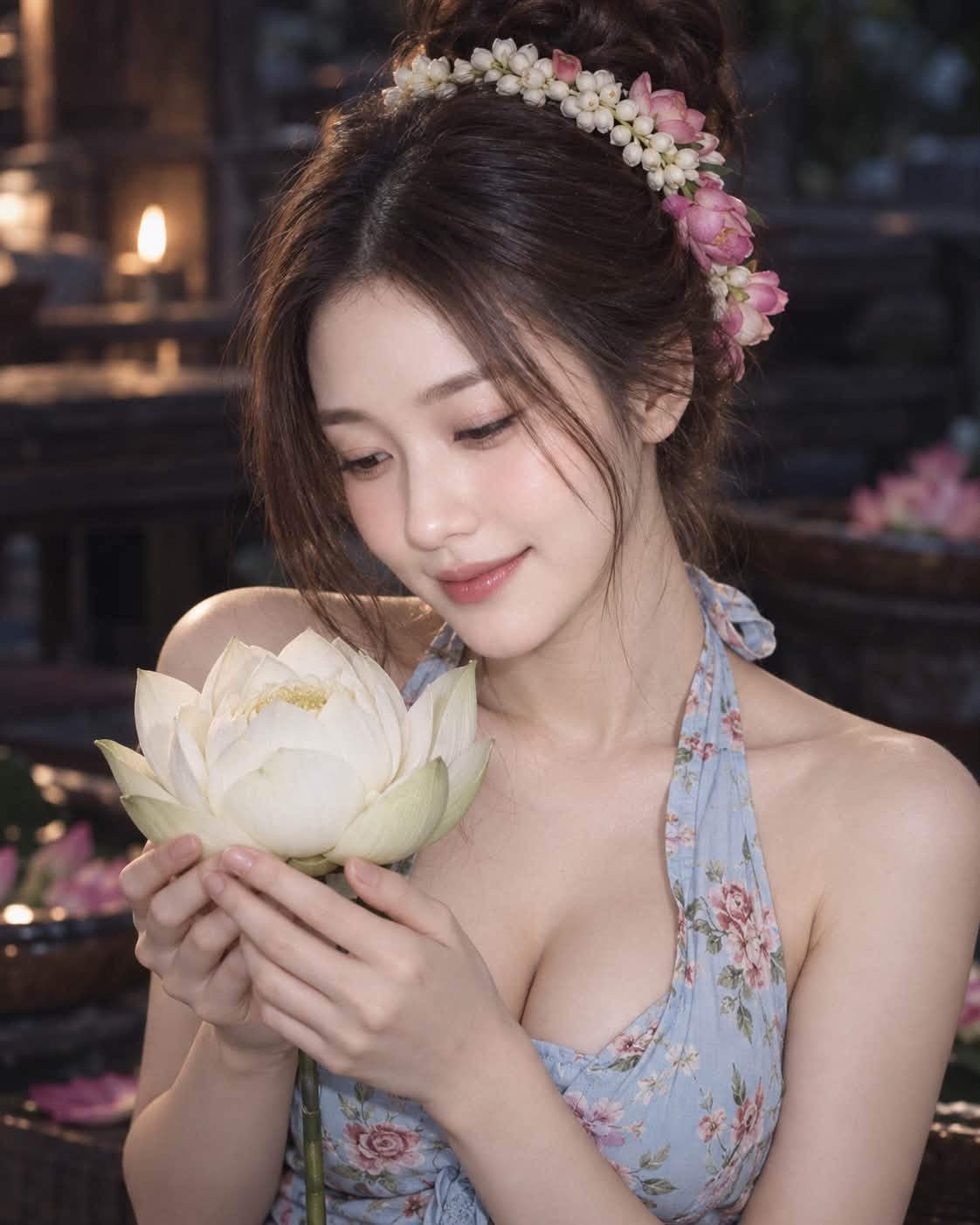 Tạo Ảnh Cô Gái Cầm Hoa Sen – Nàng Thơ Áo Hoa Phong Cách Á Đông - Ảnh mẫu tham khảo