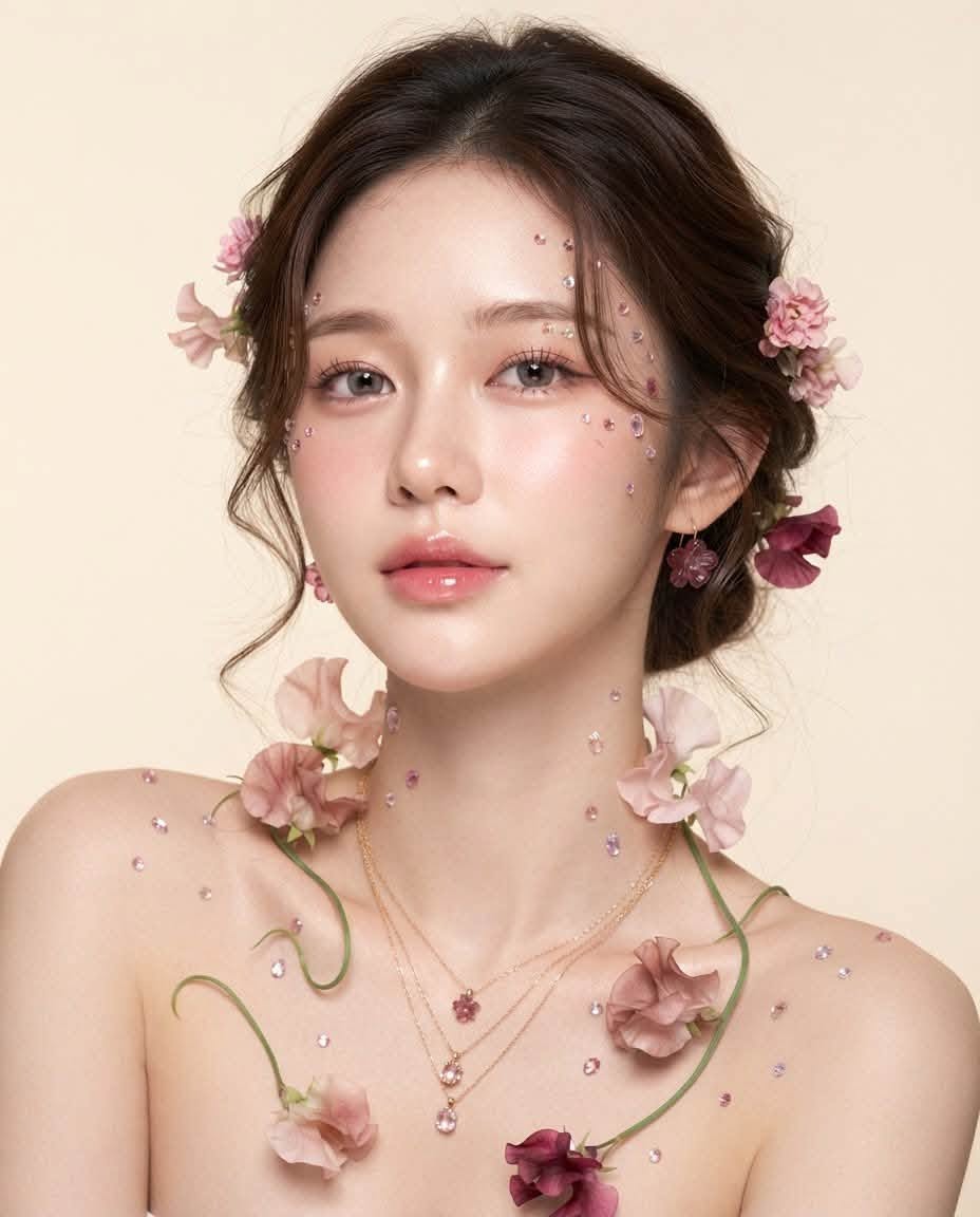 Mẫu ảnh AI Chân dung nữ - Tạo Ảnh Cô Gái Trang Điểm Hoa Hồng – Chân Dung Nàng Thơ Fantasy Dịu Dàng