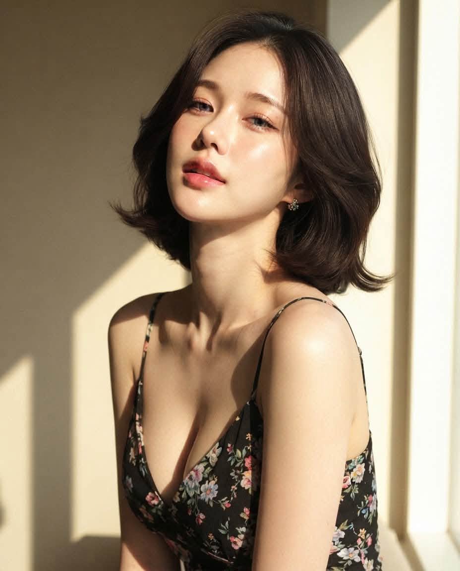 Mẫu ảnh AI Chân dung nữ - Tạo Ảnh Chân Dung Nữ Áo Hoa – Ánh Nắng Cửa Sổ Phong Cách Vintage Sang Trọng