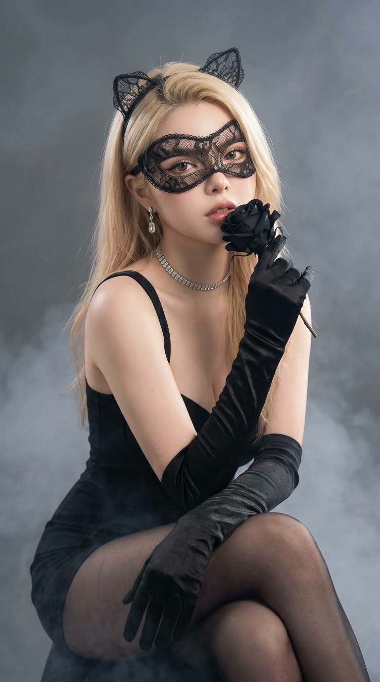 Tạo Ảnh Cô Gái Mặt Nạ Mèo – Black Cat Mask, Váy Đen Và Hoa Hồng - Ảnh mẫu tham khảo