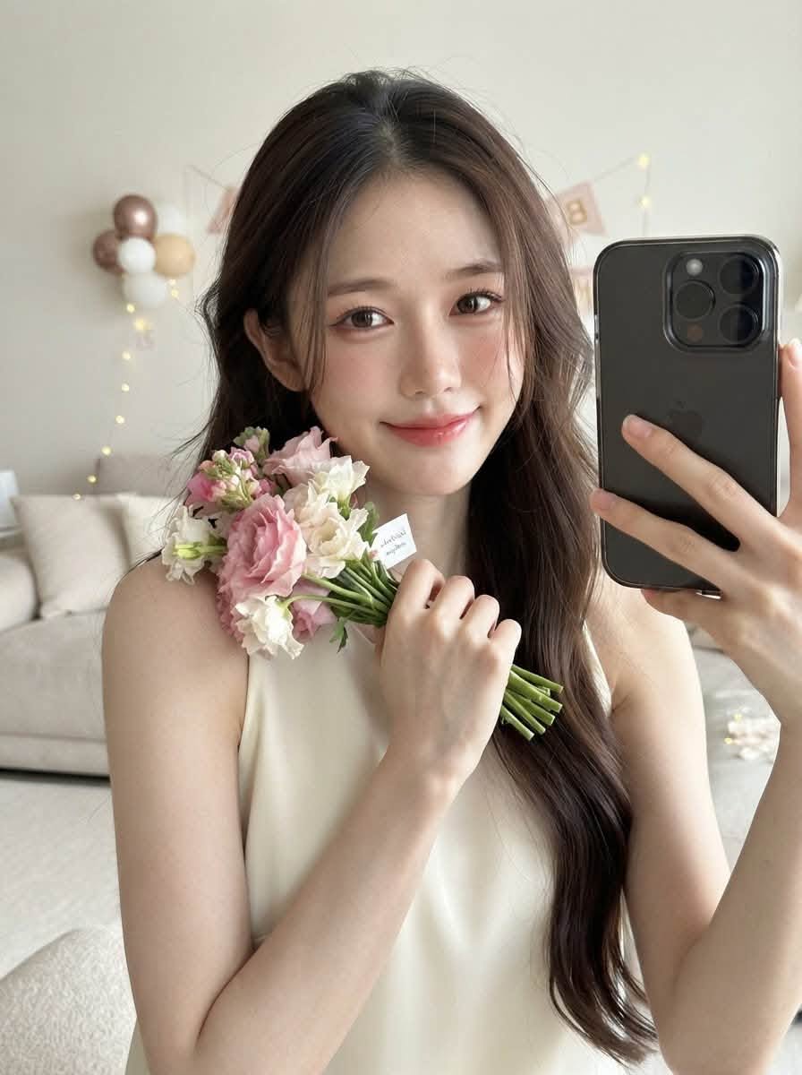 Ảnh Cô Gái Selfie Cầm Hoa – Elegant Flower Mirror Selfie - Ảnh mẫu tham khảo