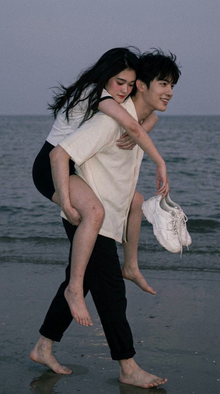 Ghép Ảnh Couple Cõng Nhau Bên Biển – Beach Couple - Ảnh mẫu tham khảo