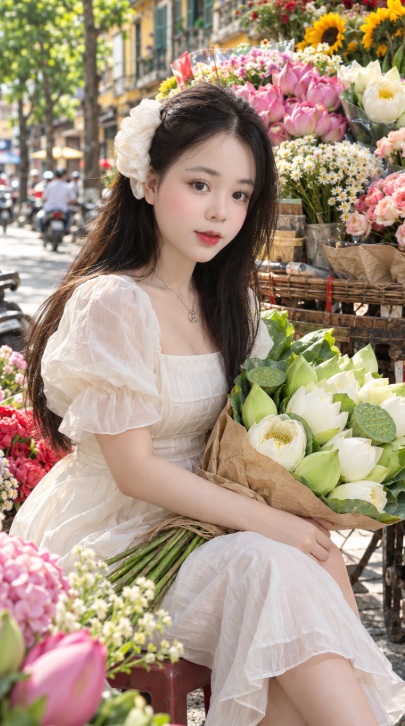 Mẫu ảnh AI Nàng thơ - Tạo Ảnh Nàng Thơ Bên Gánh Hoa Sen
