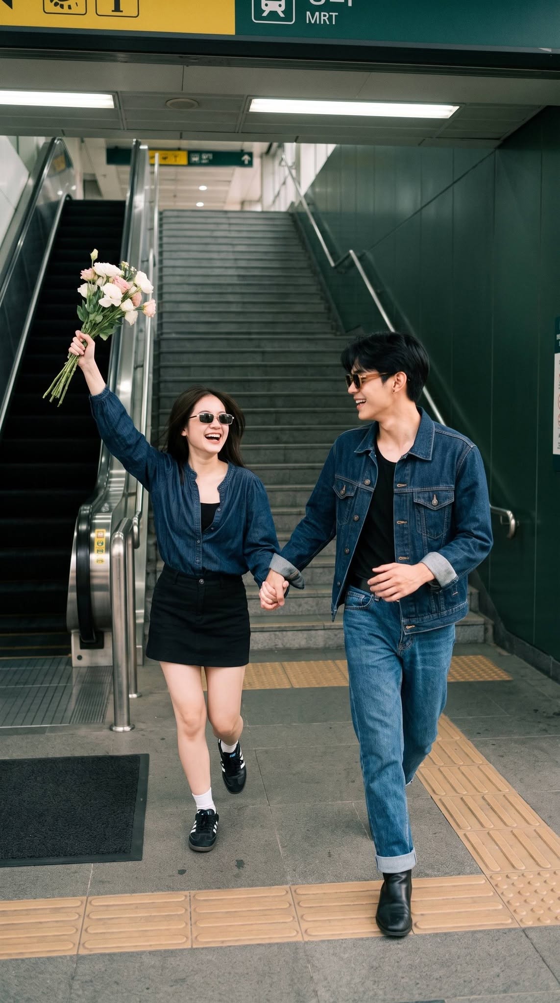 Mẫu ảnh AI Cặp đôi - Ảnh Couple denim vui vẻ tại ga tàu