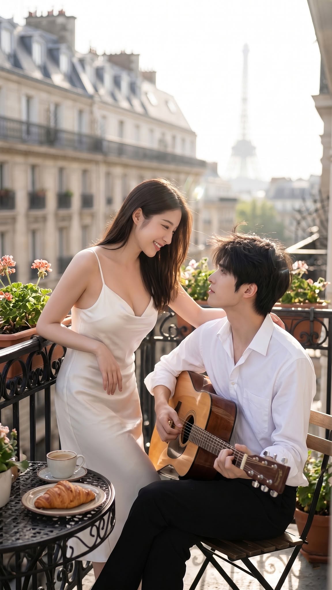 Mẫu ảnh AI Ảnh Cặp Đôi Lãng Mạn Trên Ban Công Paris – Cô Gái Và Chàng Trai Chơi Guitar - Cặp đôi