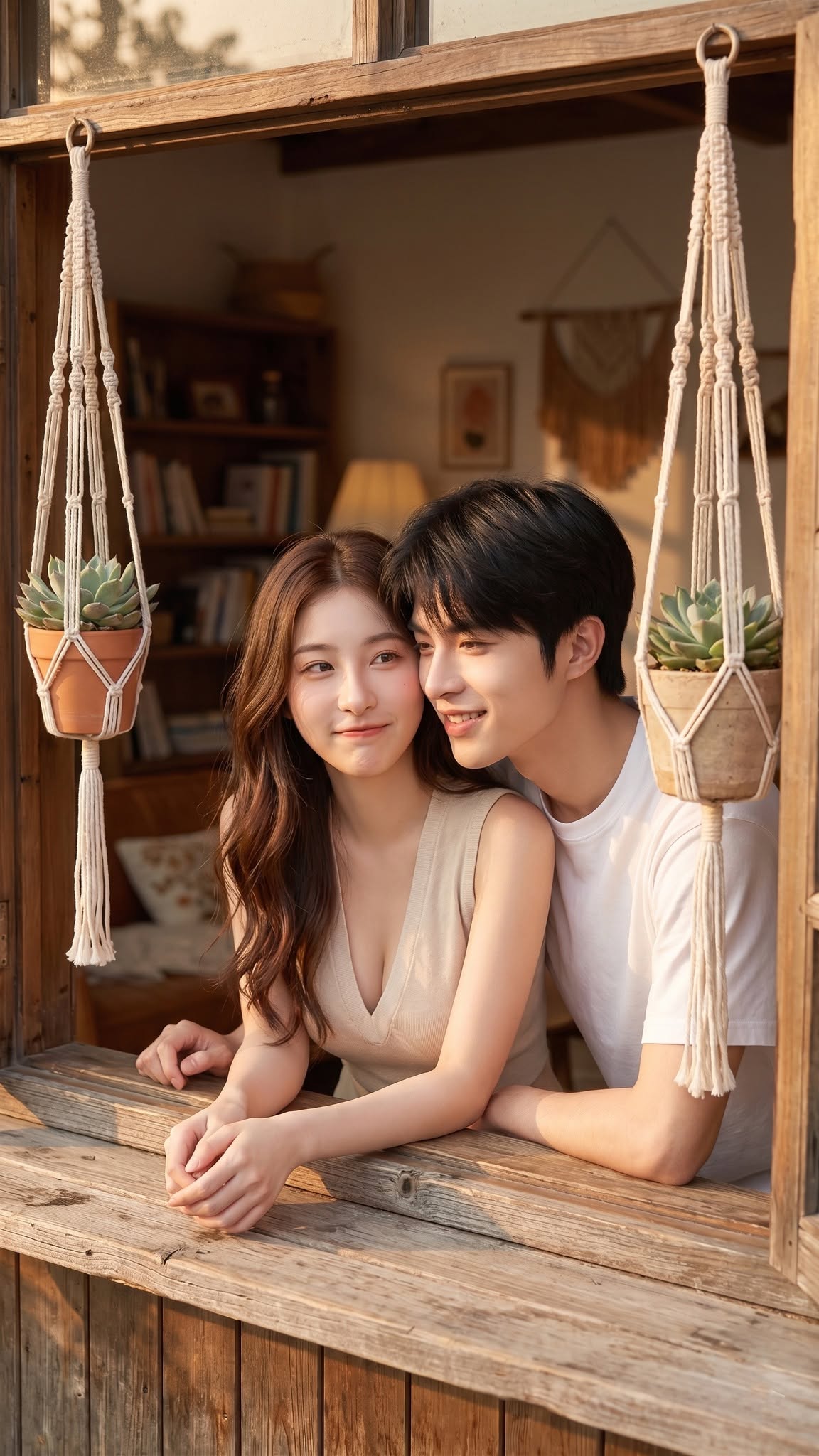 Mẫu ảnh AI Ảnh Cặp Đôi Lãng Mạn Bên Cửa Sổ – Khoảnh Khắc Tình Yêu Ấm Áp - Cặp đôi