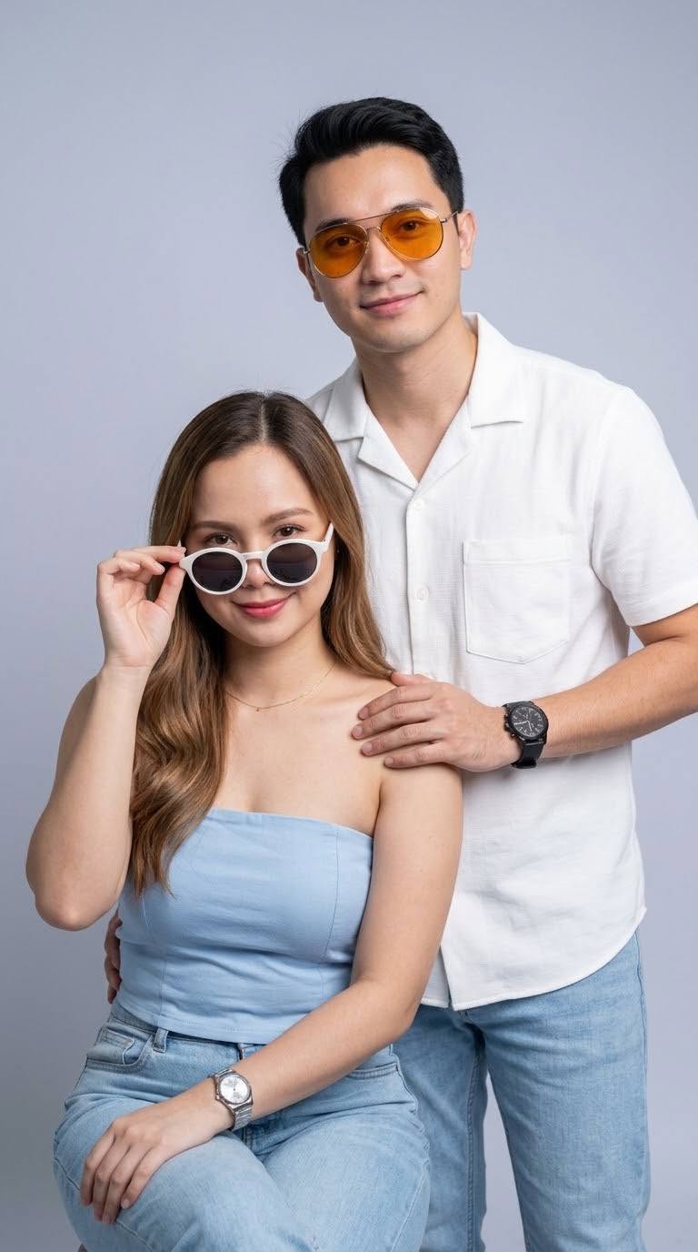 Mẫu ảnh AI Cặp đôi - Ảnh Cặp Đôi Studio Thời Trang – Concept Kính Mát Cá Tính Và Hiện Đại