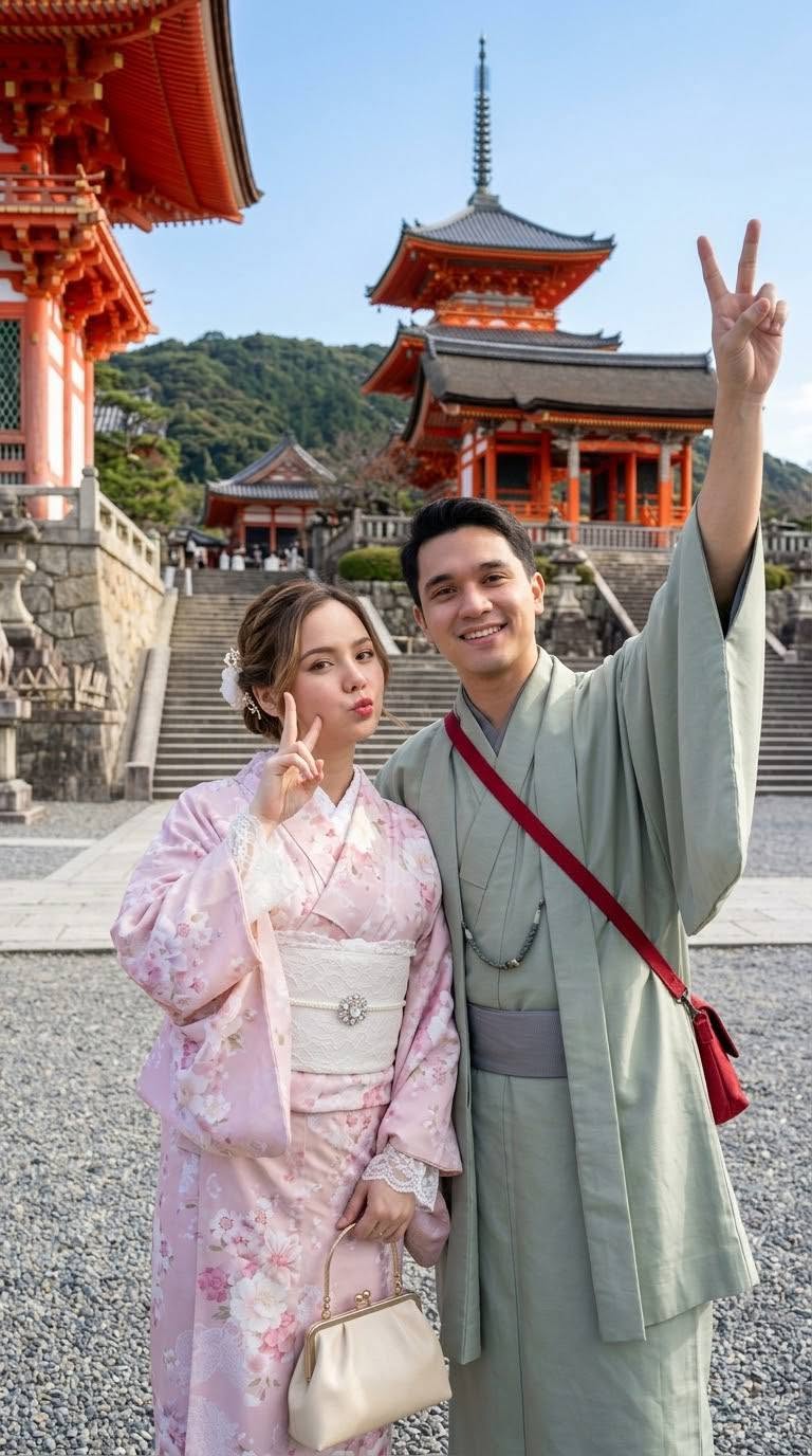 Mẫu ảnh AI Cặp đôi - Ảnh Couple Kimono Nhật Bản – Tạo Ảnh Cặp Đôi Du Lịch Nhật