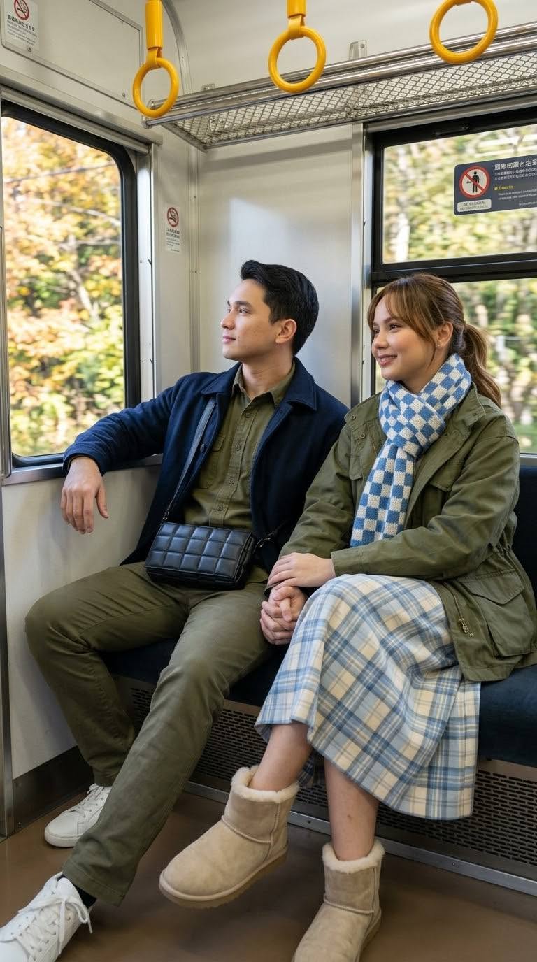 Mẫu ảnh AI Ảnh Couple Trên Tàu Điện Nhật Bản – Tạo Ảnh Cặp Đôi Mùa Thu - Cặp đôi