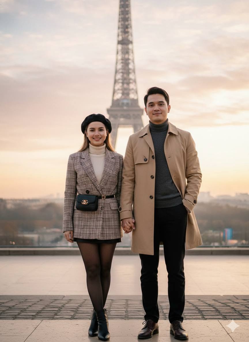 Cặp Đôi Thời Trang Paris Trước Tháp Eiffel – Ảnh Ghép Couple Lãng Mạn - Ảnh mẫu tham khảo