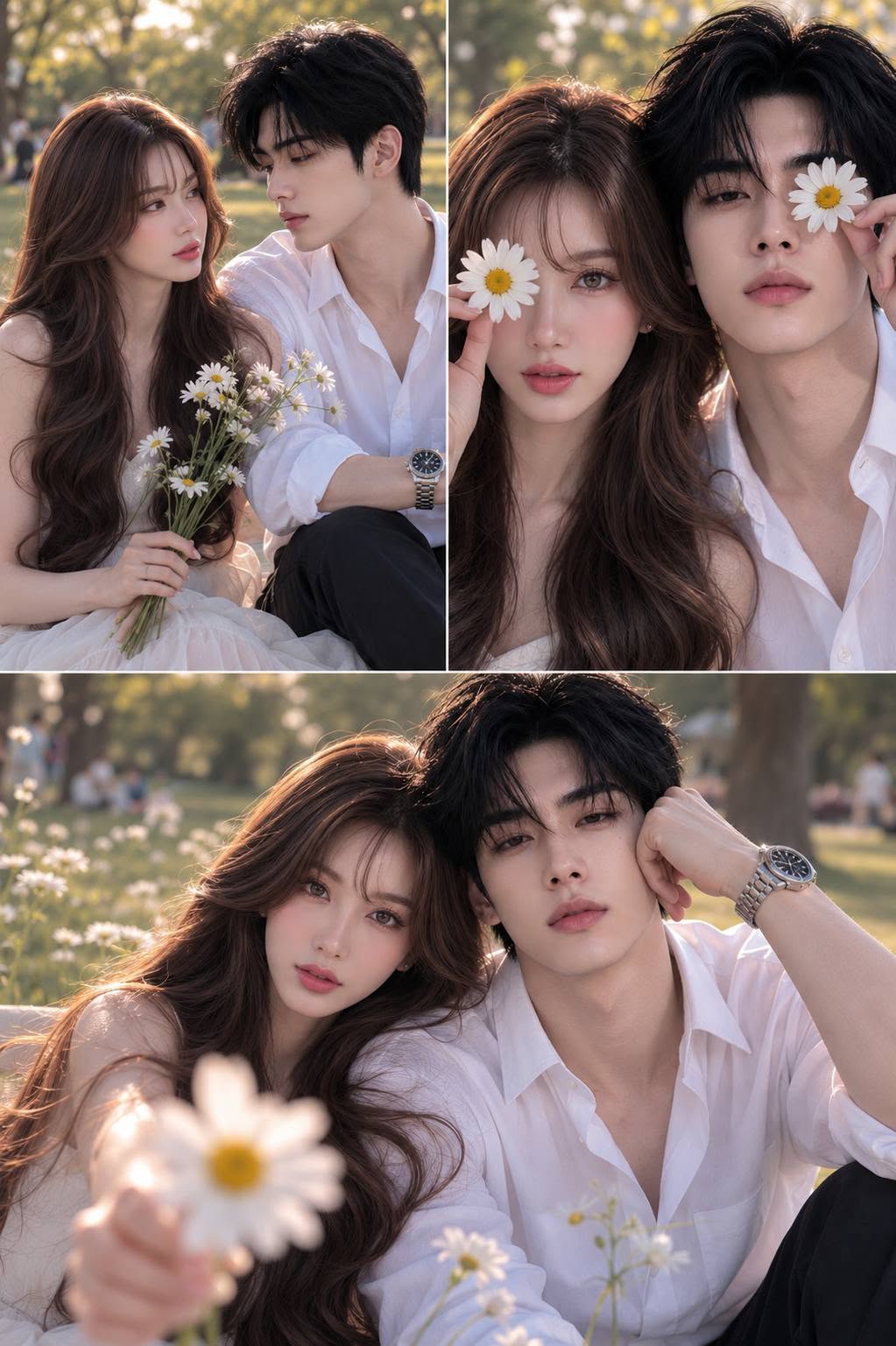 Mẫu ảnh AI Cặp đôi - Mẫu Ghép Ảnh AI Cặp Đôi Hoa Cúc – Ảnh Couple Lãng Mạn
