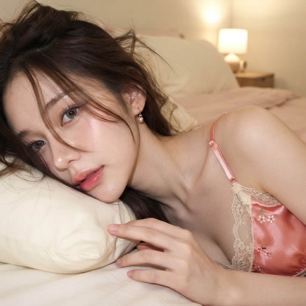 Mẫu ảnh AI Mẫu ghép ảnh AI cô gái nằm trên giường, phong cách ngọt ngào - Nàng Thơ