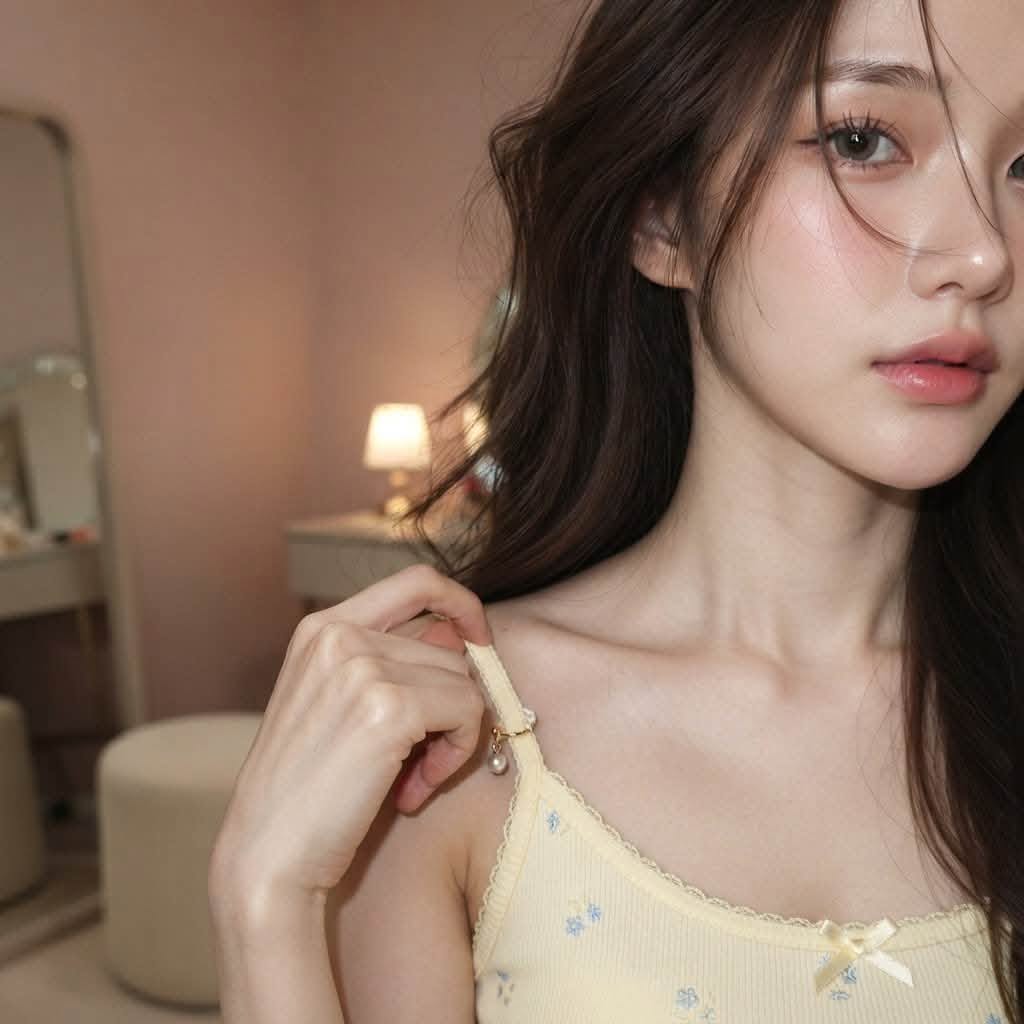 Mẫu ảnh AI Ghép Ảnh AI Cô Gái Áo Hai Dây – Chân Dung Nữ Tính Phong Cách Hàn Quốc - Nàng Thơ