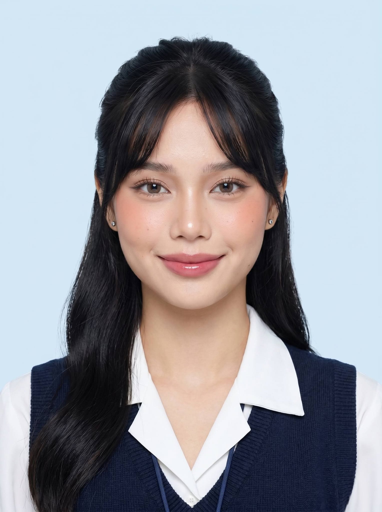 Mẫu ảnh AI Tạo Ảnh Thẻ Nữ AI – Mẫu Ảnh Hồ Sơ Nữ Tóc Dài Áo Cổ Trắng - Ảnh Thẻ