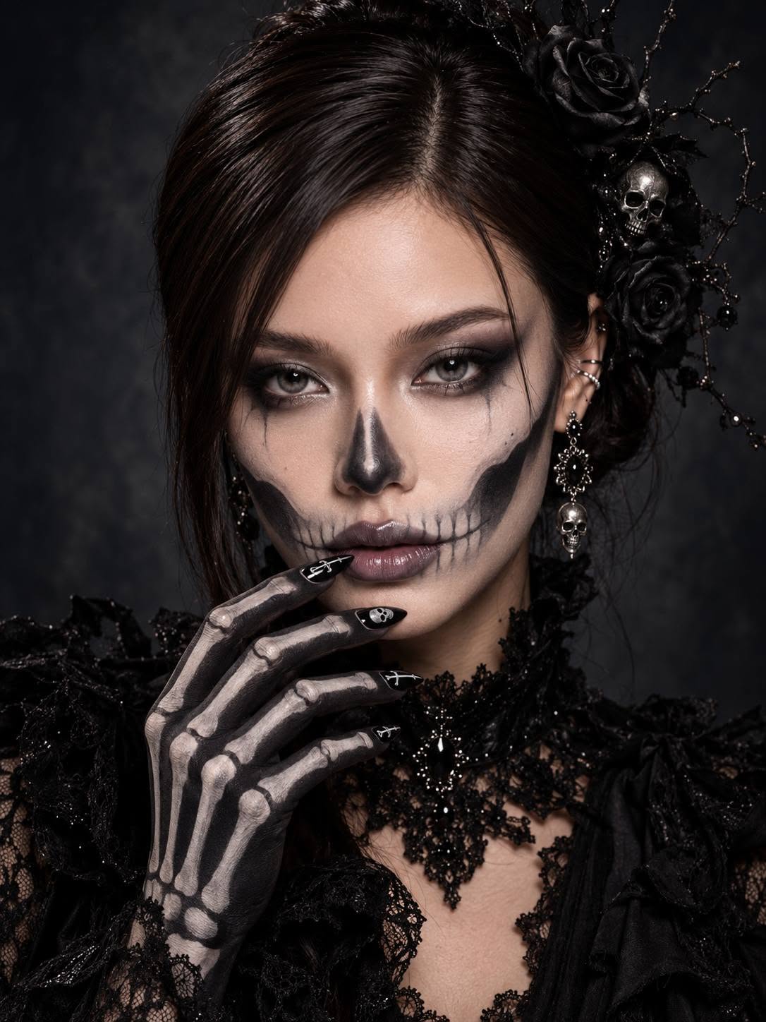 Mẫu ảnh AI Chân dung nữ - Tạo Ảnh AI Cô Gái Skeleton Gothic – Phong Cách Halloween Ma Mị