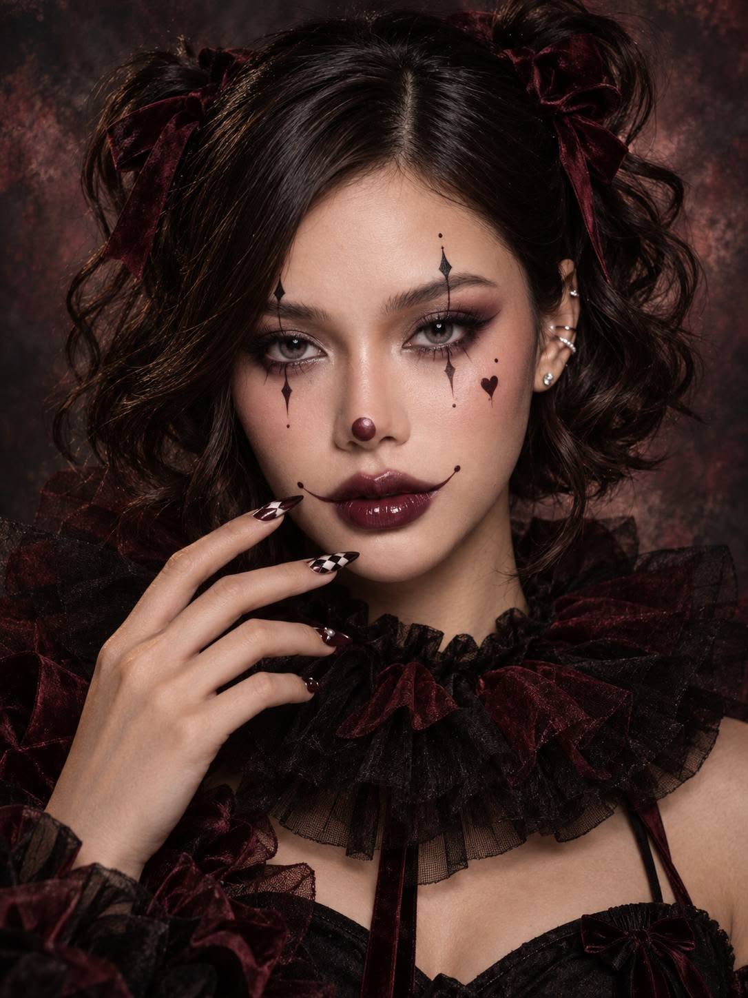 Mẫu ảnh AI Chân dung nữ - Ảnh AI Cô Gái Hề Gothic – Phong Cách Halloween Ma Mị