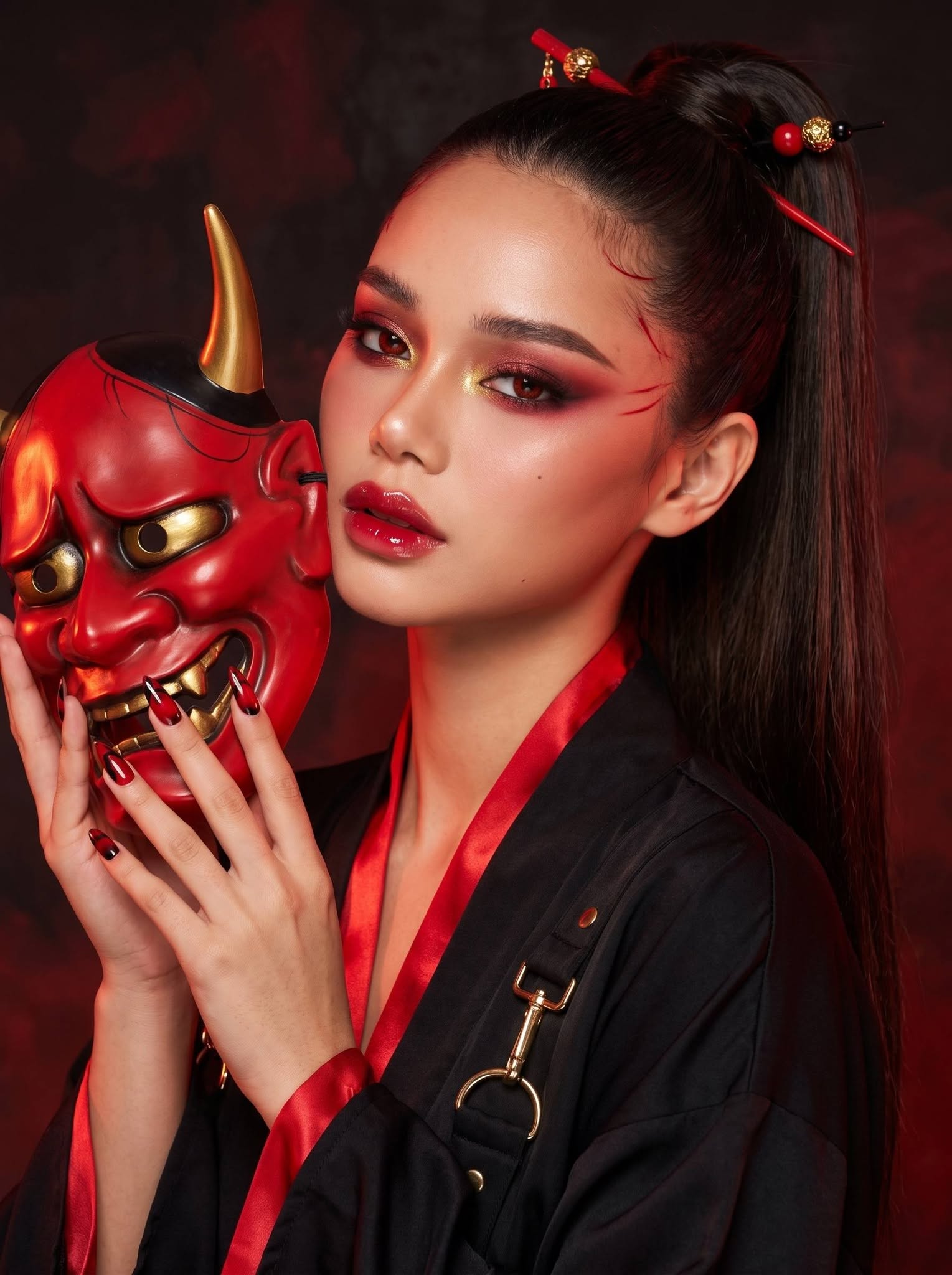 Mẫu ảnh AI Ảnh AI Cô Gái Oni Nhật Bản – Phong Cách Quỷ Đỏ Ma Mị - Chân dung nữ