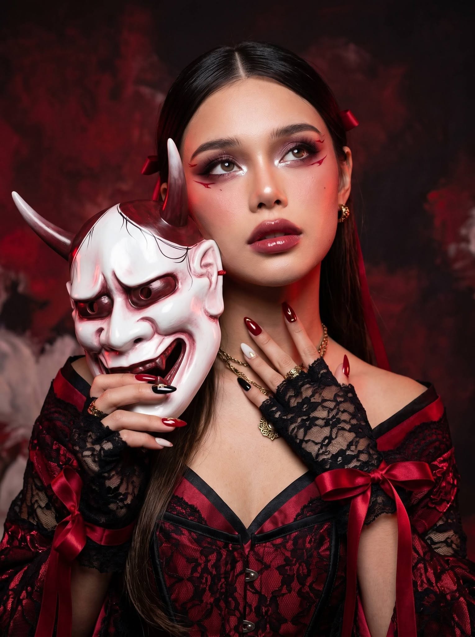 Mẫu ảnh AI Ảnh AI Cô Gái Quỷ Oni Nhật Bản – Phong Cách Halloween Đỏ Đen - Chân dung nữ