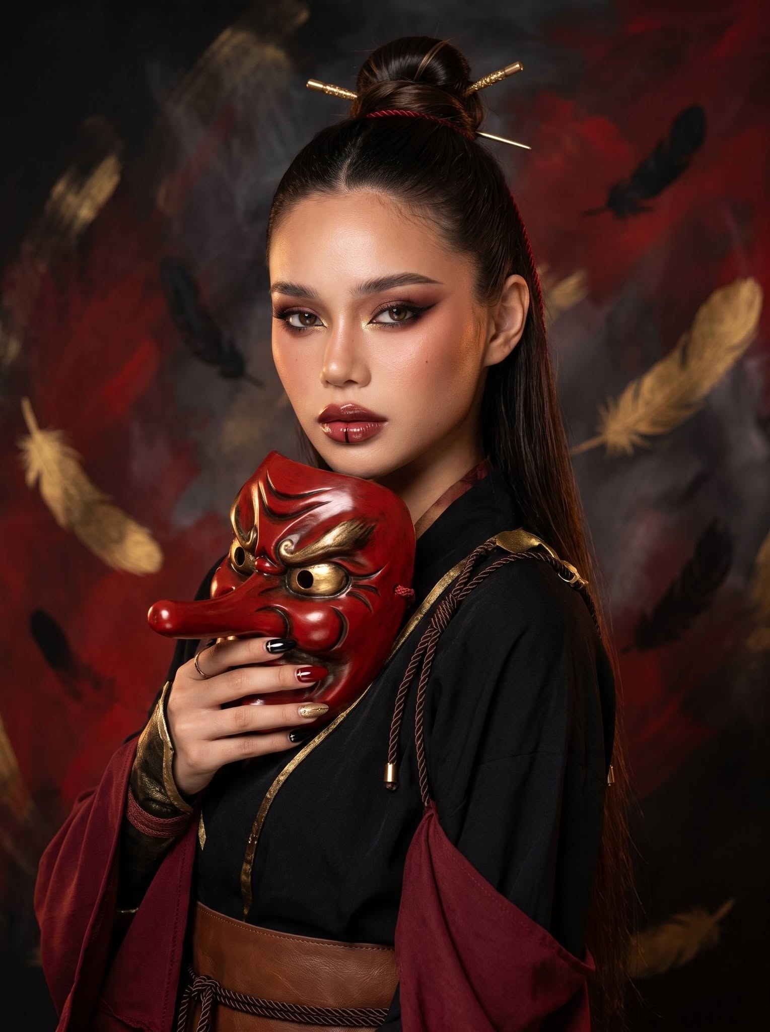 Mẫu ảnh AI Ảnh AI Cô Gái Ninja Nhật Bản Cầm Mặt Nạ Kitsune – Phong Cách Huyền Bí - Chân dung nữ