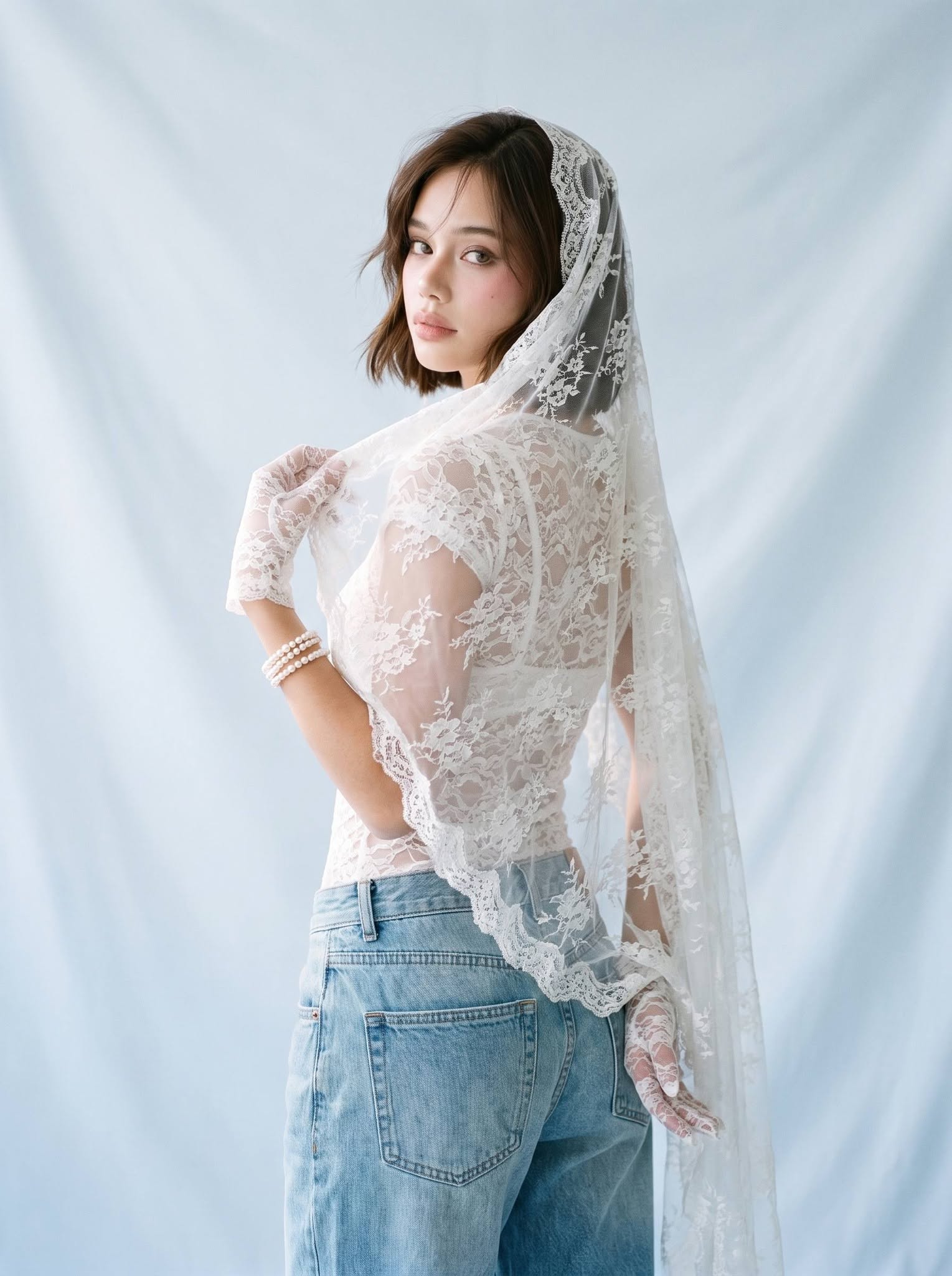 Mẫu ảnh AI Chân dung nữ - Ảnh Cô Dâu Cá Tính Với Voan Ren Trắng Và Quần Jeans