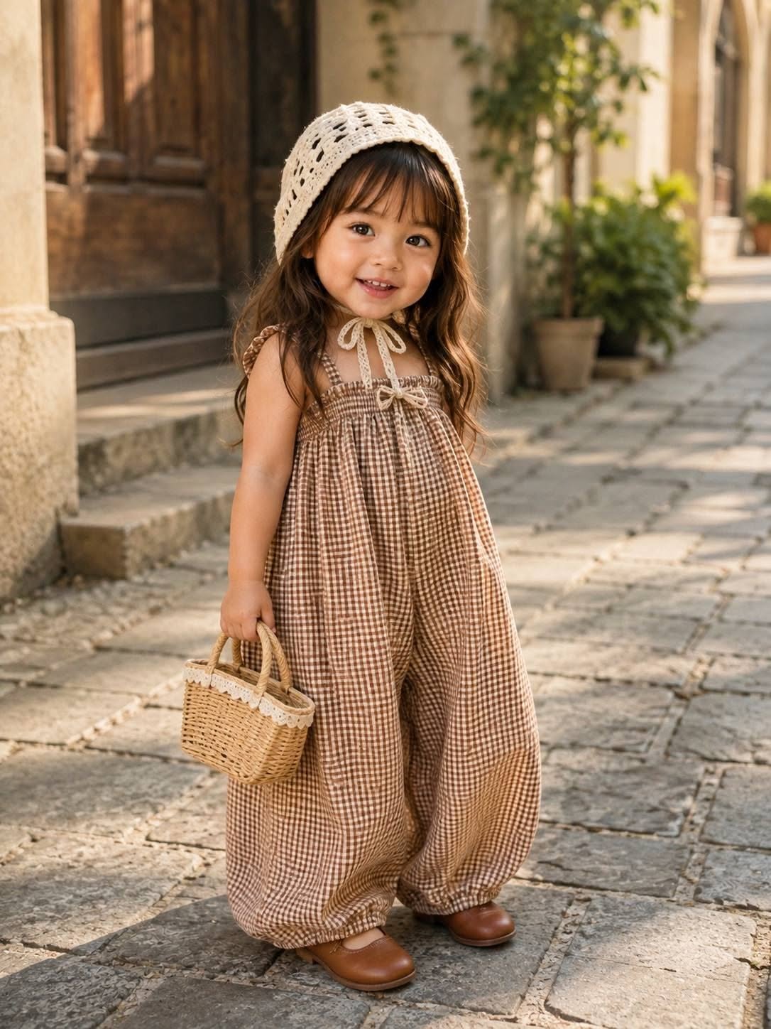 Mẫu ảnh AI Tạo Ảnh Bé Gái Dễ Thương Phong Cách Vintage Với Váy Caro - Ảnh Em Bé