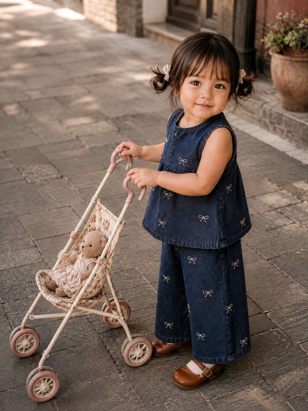 Mẫu ảnh AI Ghép Ảnh Bé Gái Dễ Thương Với Trang Phục Denim Và Xe Đẩy Búp Bê - Ảnh Em Bé