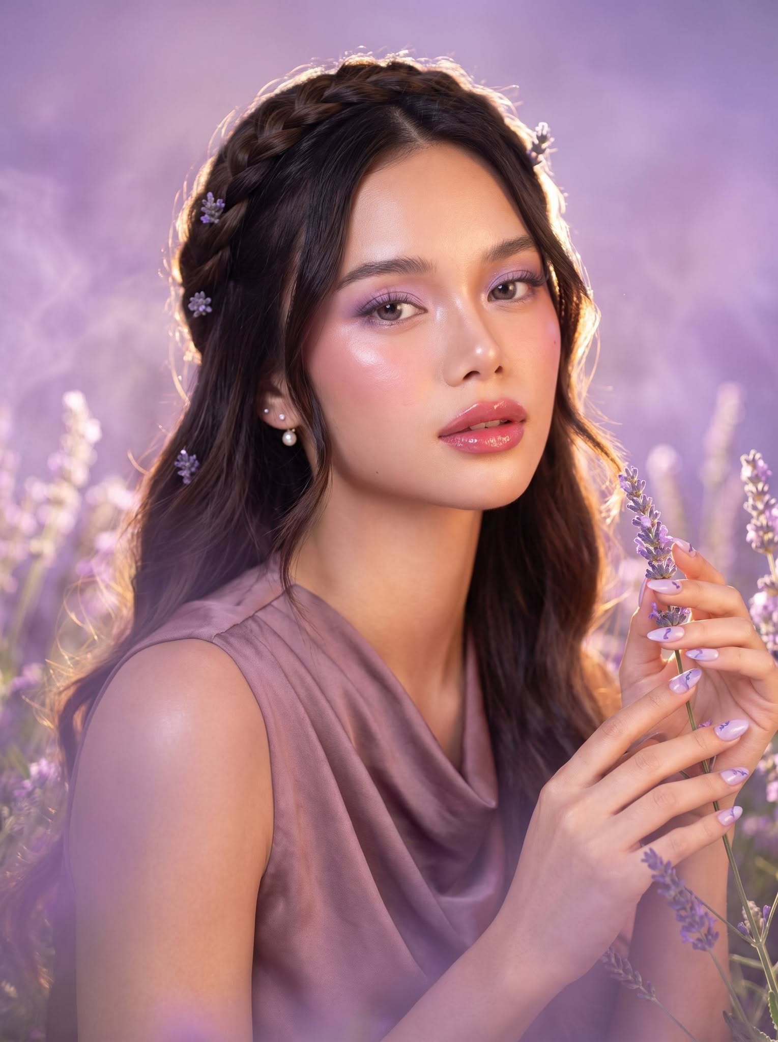 Mẫu ảnh AI Nàng thơ - Ghép Ảnh Cô Gái Giữa Cánh Đồng Oải Hương Tím | Ảnh AI Lãng Mạn