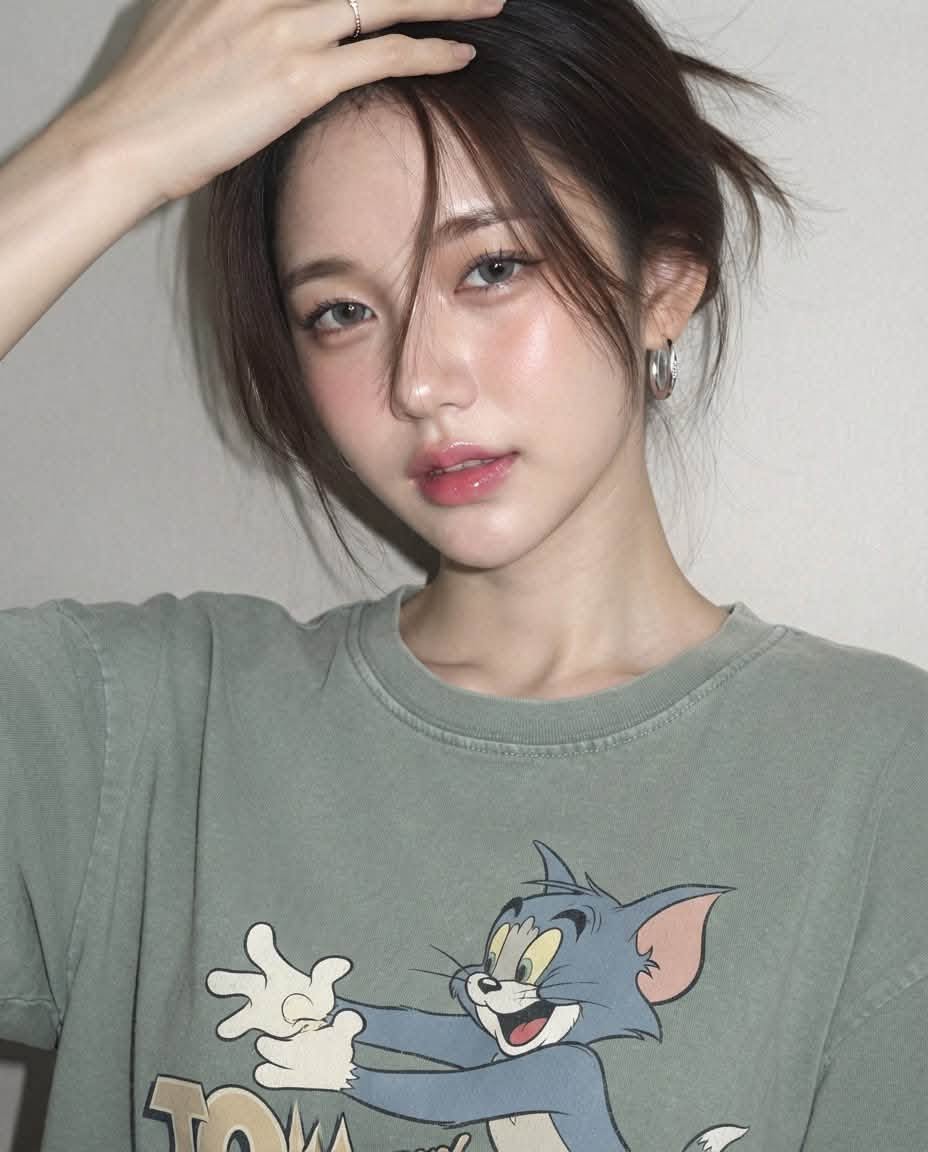 Mẫu ảnh AI Ảnh Chân Dung Cô Gái Áo Thun Tom & Jerry – Phong Cách Tự Nhiên, Dễ Thương - Nàng Thơ
