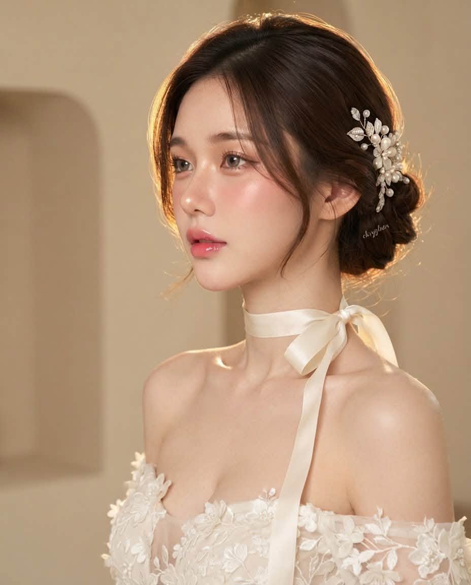 Mẫu ảnh AI Ghép Ảnh Cô Gái Váy Cưới Trắng Thanh Lịch – Phong Cách Cổ Điển, Nữ Tính - Nàng Thơ