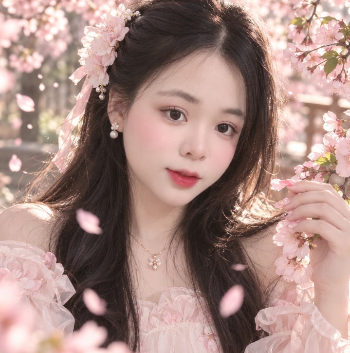 Mẫu ảnh AI Ghép Ảnh Cô Gái Giữa Vườn Hoa Anh Đào | Concept Nàng Thơ Mùa Xuân - Chân dung nữ