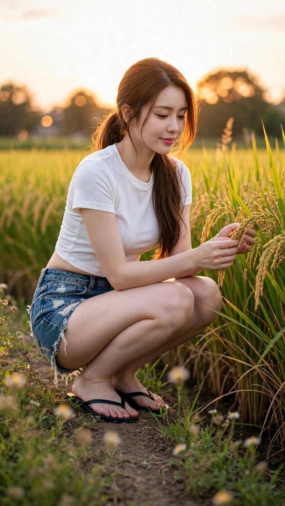 Mẫu ảnh AI Tạo ảnh AI cô gái giữa cánh đồng lúa lúc hoàng hôn - Chân dung nữ