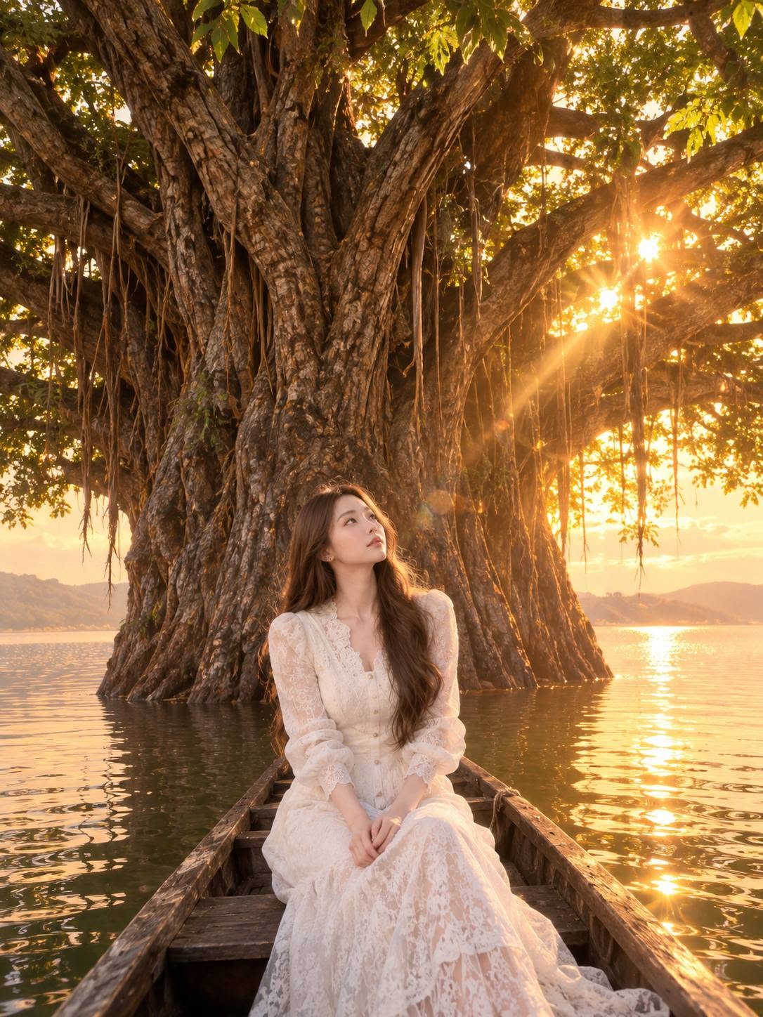 Mẫu ảnh AI Tạo ảnh AI cô gái mặc váy trắng trên thuyền giữa hồ lúc hoàng hôn - Ghép Ảnh AI - Nàng Thơ