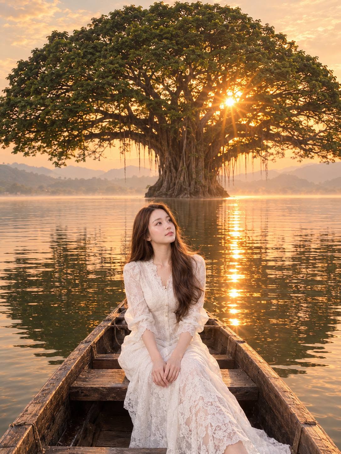 Mẫu ảnh AI Tạo ảnh AI cô gái mặc váy trắng ngồi trên thuyền giữa hồ - Nàng Thơ
