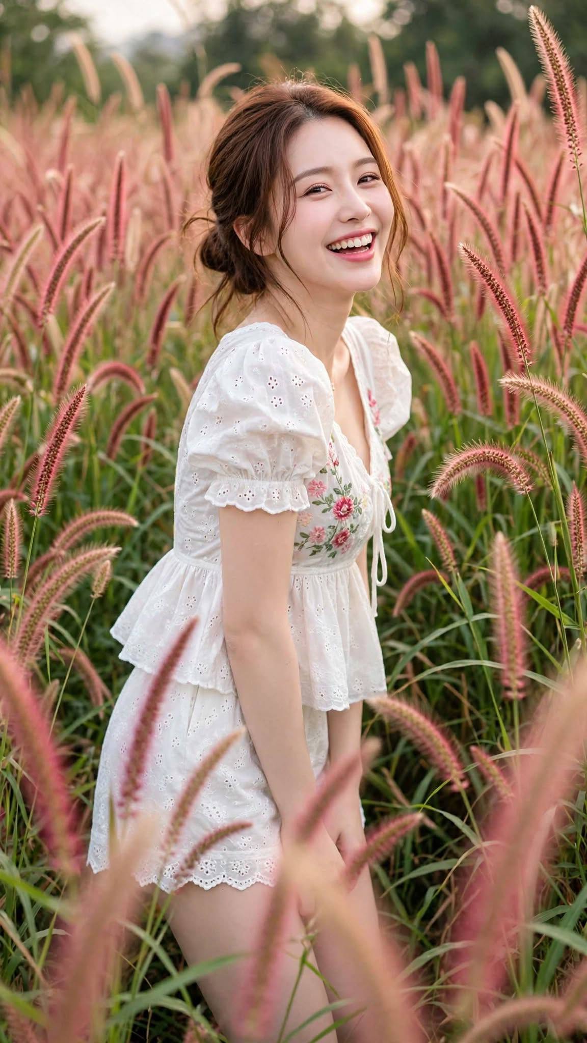 Mẫu ảnh AI Tạo ảnh AI cô gái mặc váy trắng giữa cánh đồng cỏ lau hồng - Nàng Thơ