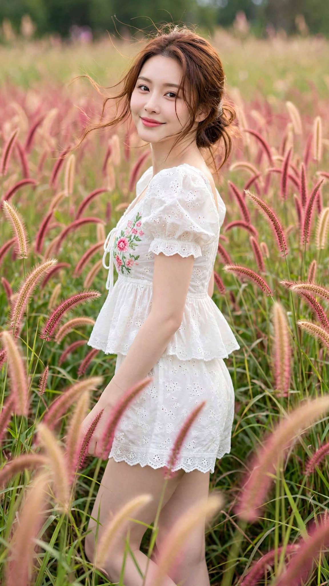 Mẫu ảnh AI Tạo ảnh cô gái giữa cánh đồng cỏ lau hồng - Chân dung nữ