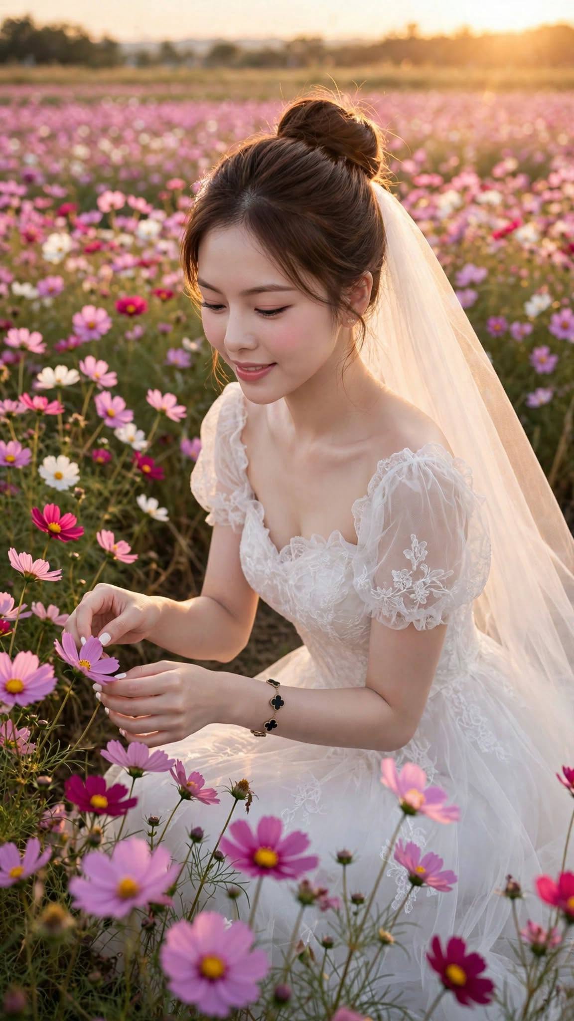 Mẫu ảnh AI Tạo ảnh AI cô dâu mặc váy cưới giữa cánh đồng hoa - Ảnh Cưới