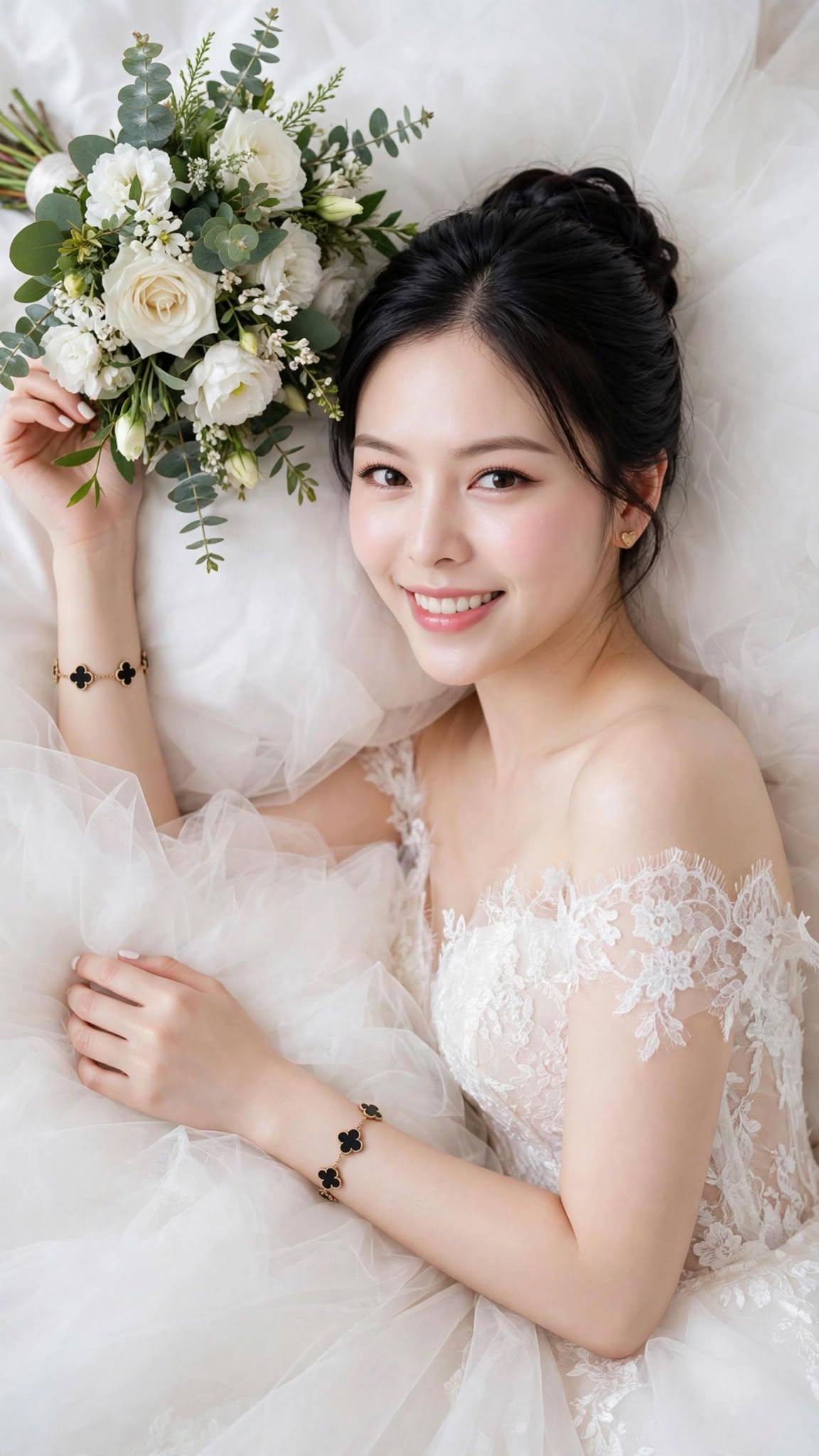 Mẫu ảnh AI Tạo ảnh AI cô dâu mặc váy cưới ren trắng cầm hoa - Ảnh Cưới