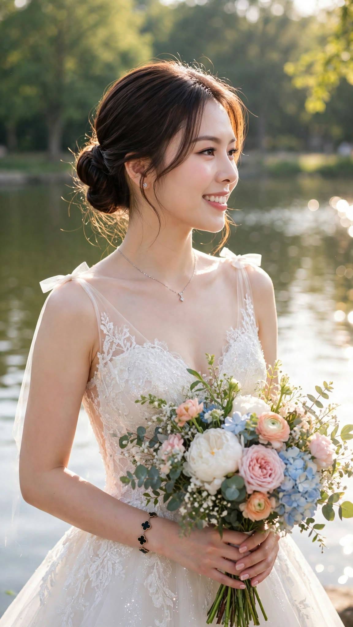 Mẫu ảnh AI Cô dâu mặc váy cưới bên hồ với bó hoa - Tạo ảnh AI - Ảnh Cưới
