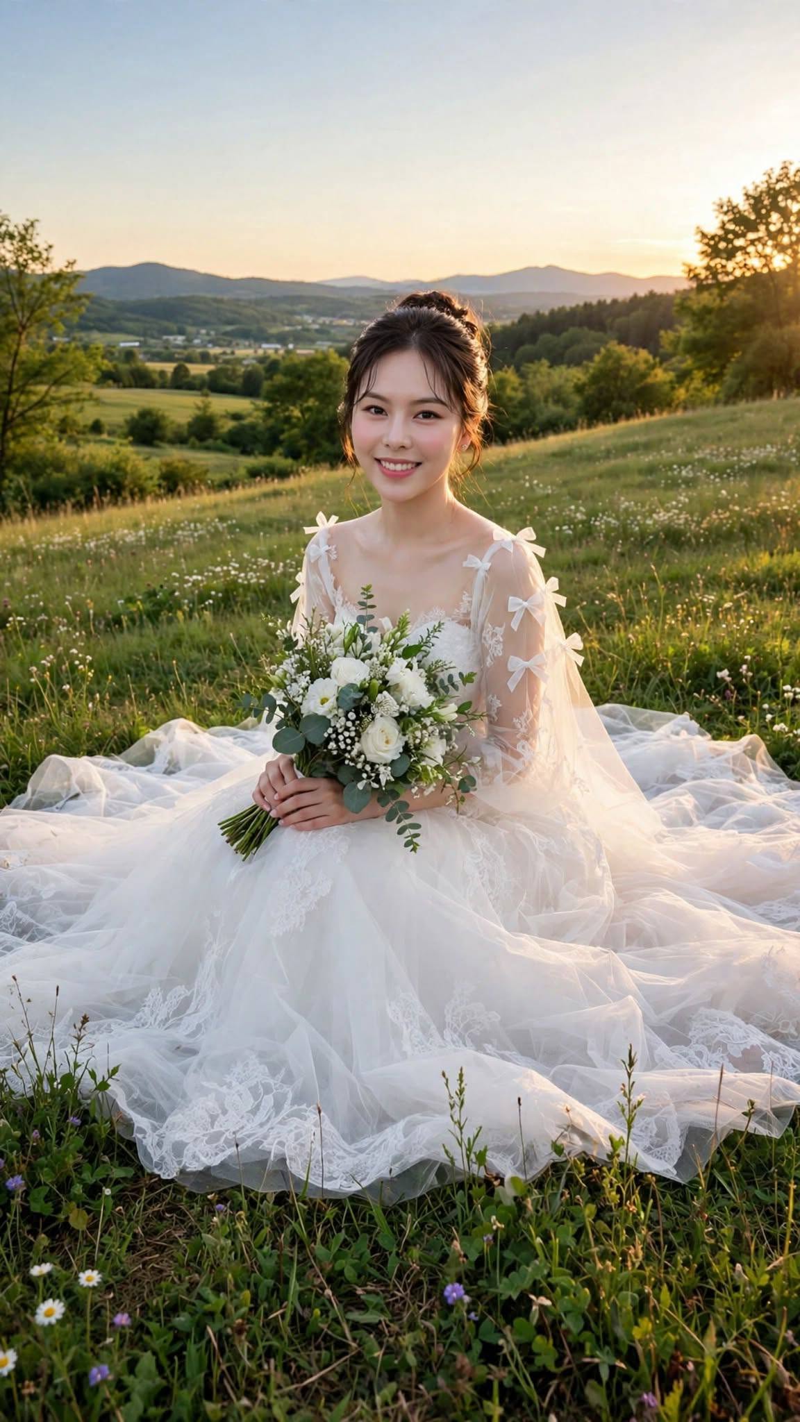 Mẫu ảnh AI Cô Dâu Giữa Đồng Cỏ Hoa – Vẻ Đẹp Lãng Mạn, Trong Trẻo - Tạo Ảnh AI - Ảnh Cưới