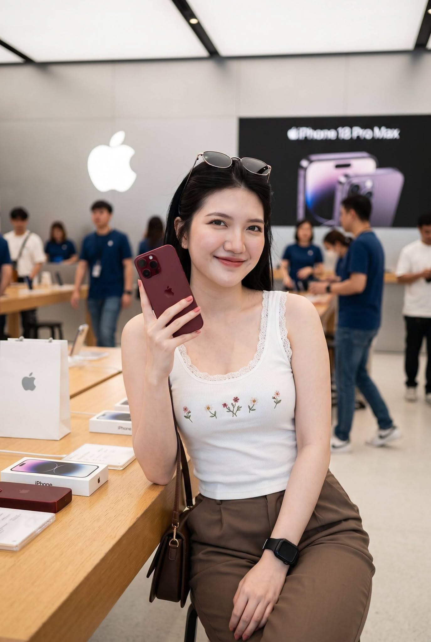Mẫu ảnh AI Tạo ảnh cô gái cầm điện thoại iPhone 18 Promax - Chân dung nữ
