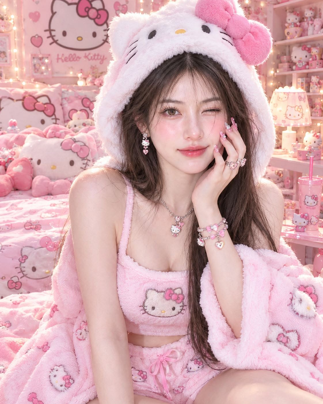 Mẫu ảnh AI Tạo ảnh AI Hello Kitty màu hồng dễ thương – Phong cách Kawaii - Nàng Thơ