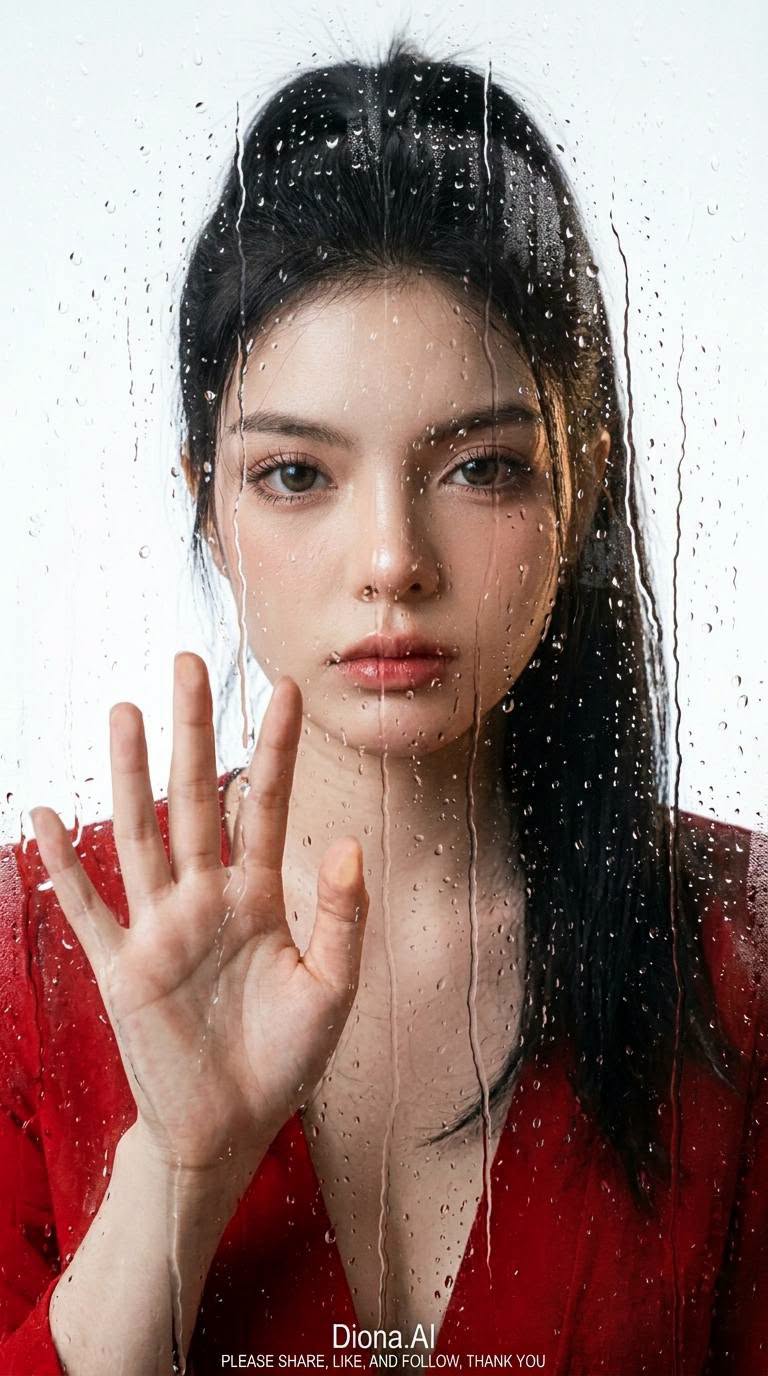 Mẫu ảnh AI Tạo ảnh AI cô gái sau màn kính phủ đầy nước - Chân dung nữ