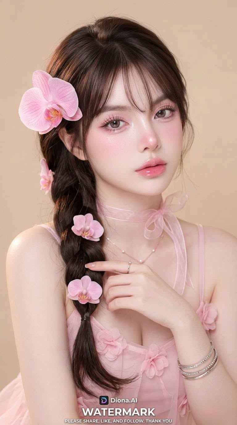 Mẫu ảnh AI Tạo ảnh AI nàng thơ cô gái tóc tết hoa lan hồng - Nàng Thơ