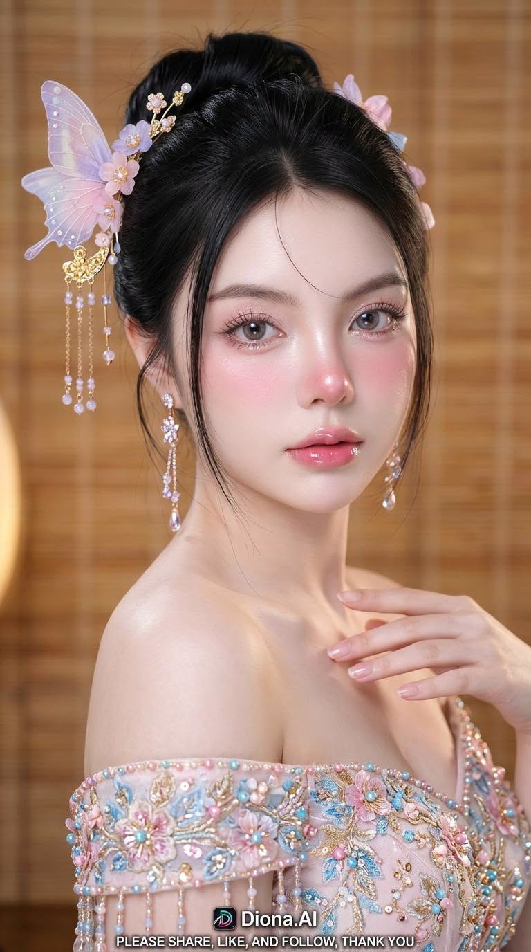 Mẫu ảnh AI Tạo ảnh AI nàng thơ cô gái cổ trang với hoa và cánh bướm - Nàng Thơ