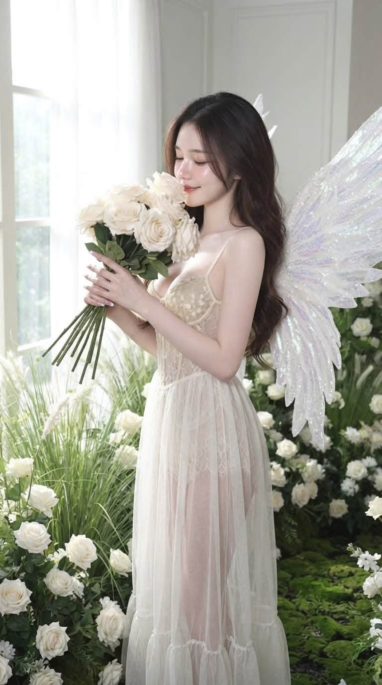 Mẫu ảnh AI Tạo ảnh AI nàng tiên giữa vườn hoa trắng – Concept cổ tích lãng mạn - Nàng Thơ