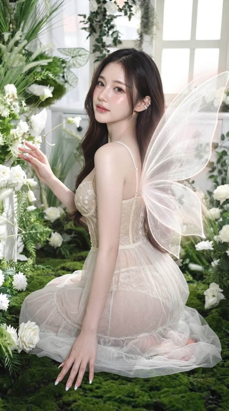 Mẫu ảnh AI Tạo ảnh AI nàng tiên trong vườn hoa trắng – Concept cổ tích thơ mộng - Nàng Thơ