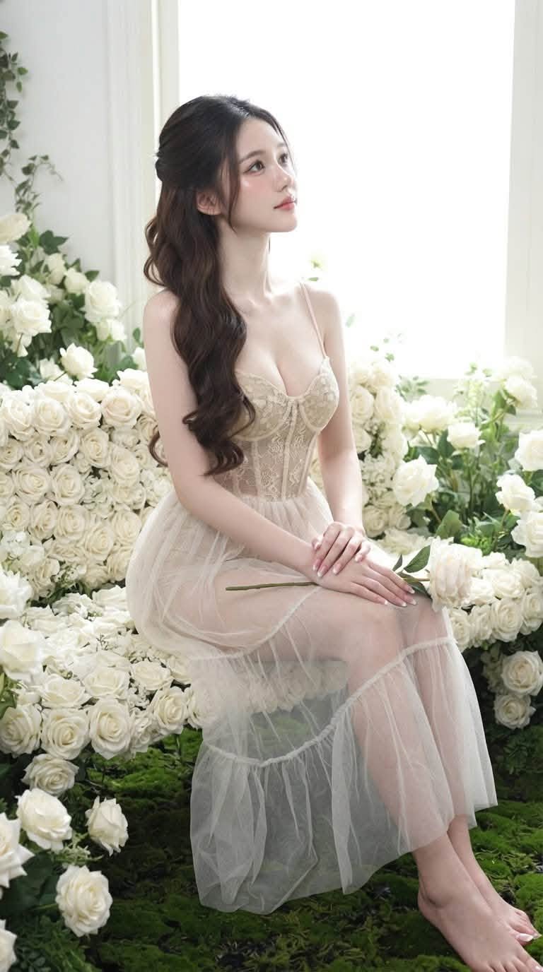 Mẫu ảnh AI Tạo ảnh nàng thơ trong vườn hoa trắng – Ghép ảnh AI - Nàng Thơ