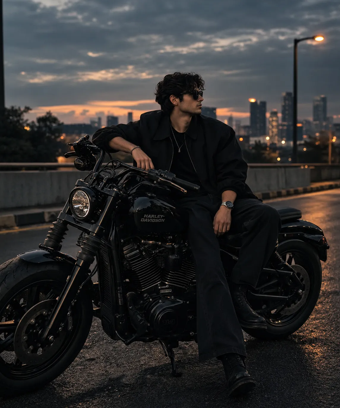 Mẫu ảnh AI Chân dung nam - Tạo ảnh AI nam với xe mô tô – Phong cách biker cool ngầu lúc hoàng hôn